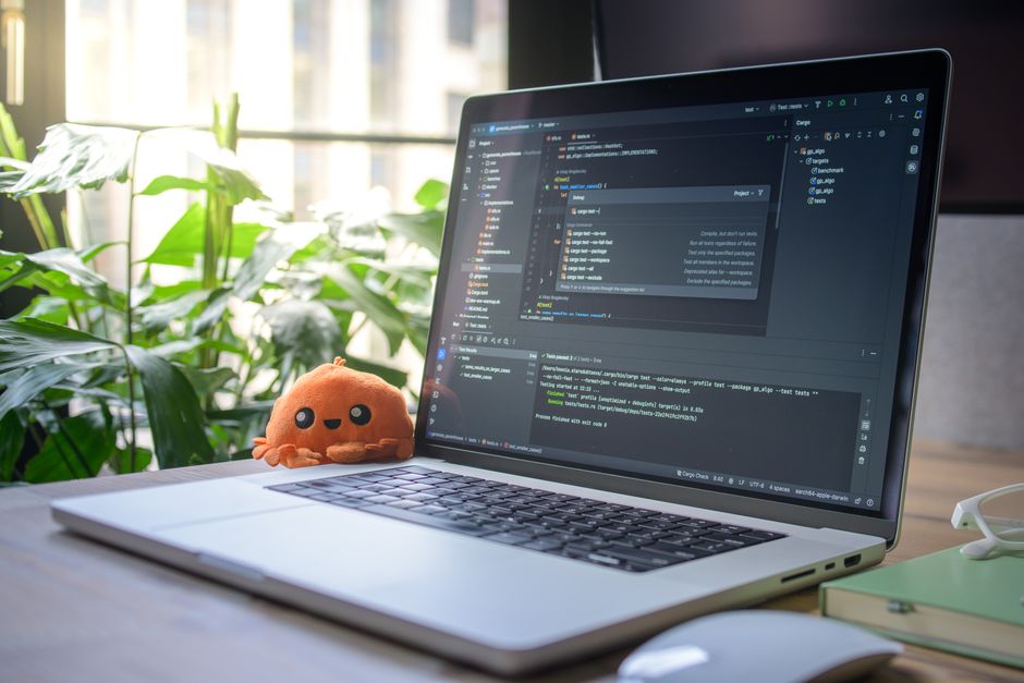 Laptop on desk with IDE open, showing coding environment, next to plush toy and greenery.